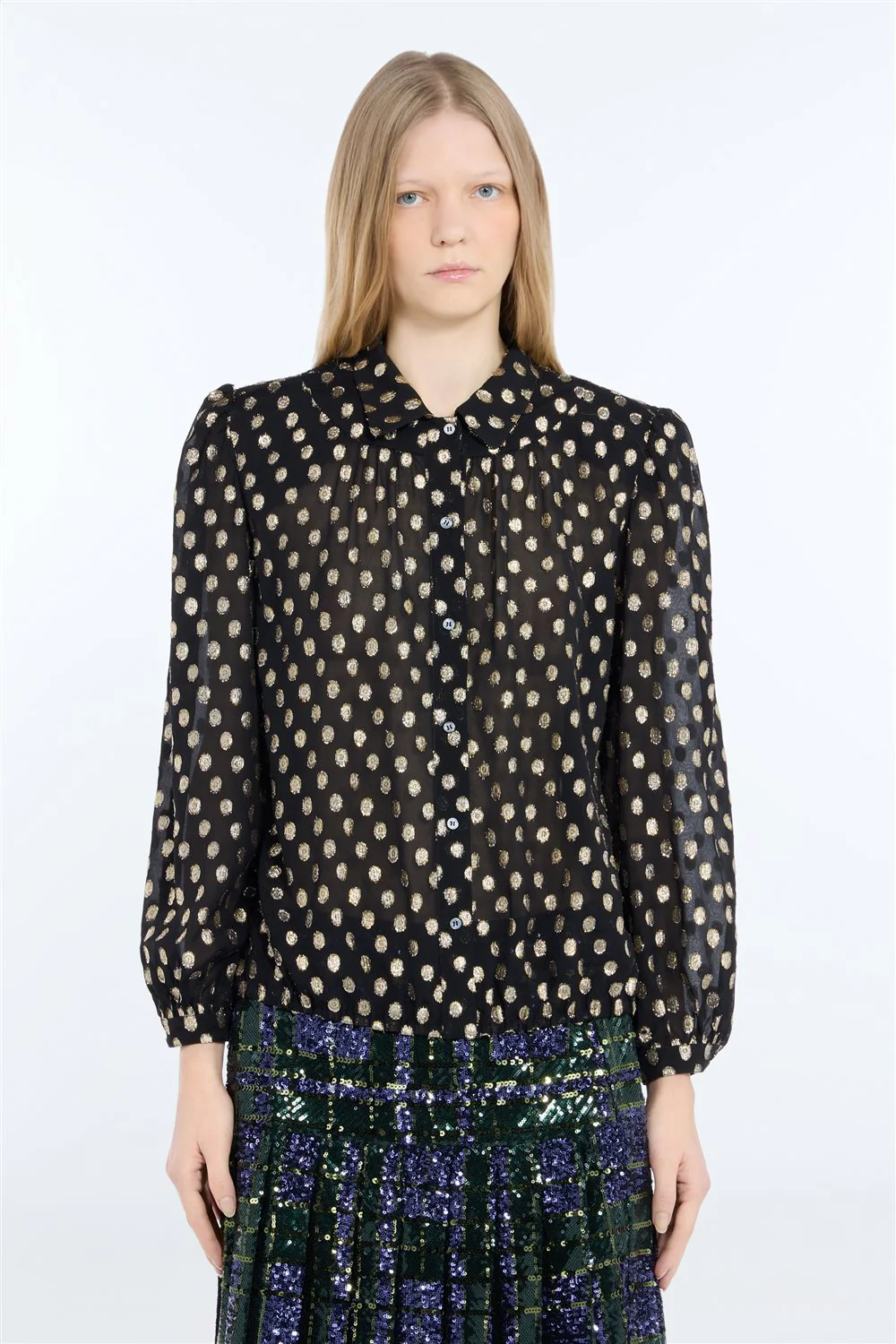 Camicia in tessuto con pois dorati e trasparente