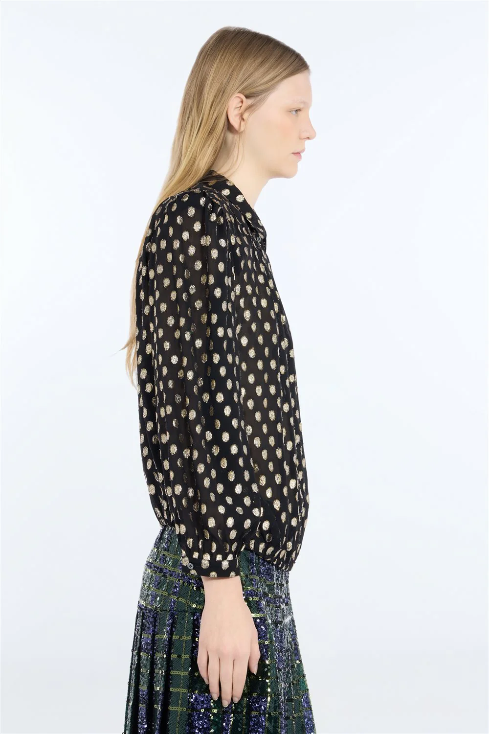Camicia in tessuto con pois dorati e trasparente - Image 3